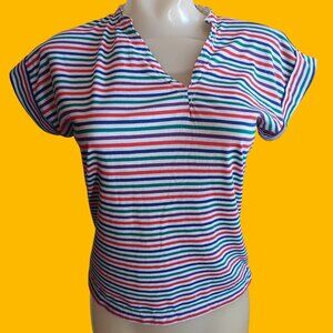 Women's Large Vintage T-Shirt Casual Corner Striped V-Neck Top 1980s Altered